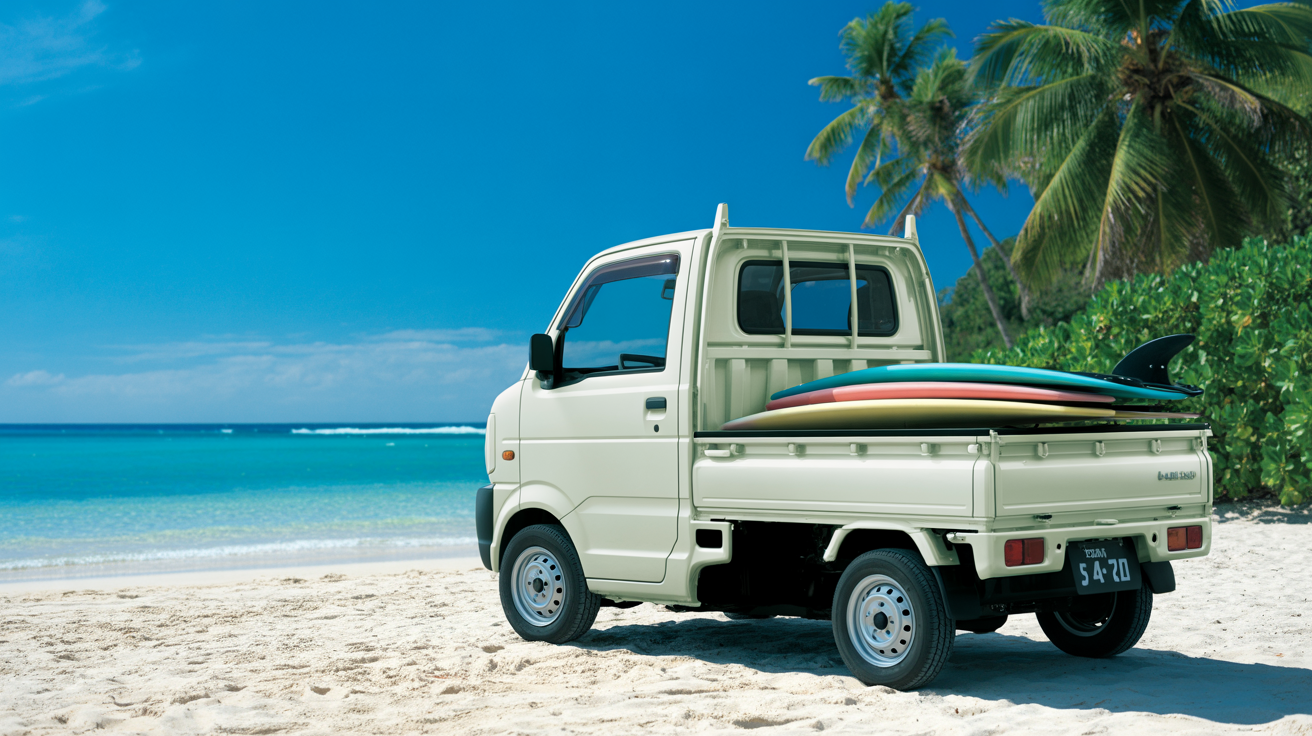 Kei truck driving near a tropical beach in Puerto Rico